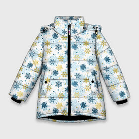 Зимняя куртка для девочек 3D с принтом Снежинки в Екатеринбурге, ткань верха — 100% полиэстер; подклад — 100% полиэстер, утеплитель — 100% полиэстер. | длина ниже бедра, удлиненная спинка, воротник стойка и отстегивающийся капюшон. Есть боковые карманы с листочкой на кнопках, утяжки по низу изделия и внутренний карман на молнии. 

Предусмотрены светоотражающий принт на спинке, радужный светоотражающий элемент на пуллере молнии и на резинке для утяжки. | 
