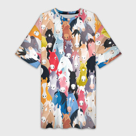 Платье-футболка 3D с принтом цветные лошади в Екатеринбурге,  |  | horse | horseshoe | акварель | головалошади | грива | жеребец | животные | конь | лошадь | лошадьскрыльями | подкова | природа | рисуноккрасками