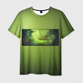 Мужская футболка 3D с принтом Solar swamp Солнечное Болото в Екатеринбурге, 100% полиэфир | прямой крой, круглый вырез горловины, длина до линии бедер | болотный | зеленый | зеленый фон | солнечный