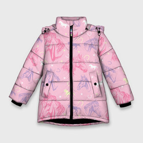Зимняя куртка для девочек 3D с принтом лошади на розовом фоне в Екатеринбурге, ткань верха — 100% полиэстер; подклад — 100% полиэстер, утеплитель — 100% полиэстер. | длина ниже бедра, удлиненная спинка, воротник стойка и отстегивающийся капюшон. Есть боковые карманы с листочкой на кнопках, утяжки по низу изделия и внутренний карман на молнии. 

Предусмотрены светоотражающий принт на спинке, радужный светоотражающий элемент на пуллере молнии и на резинке для утяжки. | horse | horseshoe | акварель | головалошади | грива | жеребец | животные | конь | лошадь | лошадьскрыльями | подкова | природа | рисуноккрасками