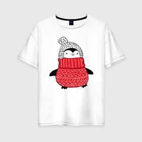 Женская футболка хлопок Oversize с принтом милый пингвин в свитере в Екатеринбурге, 100% хлопок | свободный крой, круглый ворот, спущенный рукав, длина до линии бедер
 | 