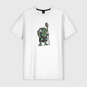 Мужская футболка хлопок Slim с принтом Воин жабалюд в Екатеринбурге, 92% хлопок, 8% лайкра | приталенный силуэт, круглый вырез ворота, длина до линии бедра, короткий рукав | frog | green | staff | warrior | воин | жаба | зеленый | ил | посох