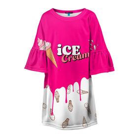 Детское платье 3D с принтом Ice Cream BlackPink в Екатеринбурге, 100% полиэстер | прямой силуэт, чуть расширенный к низу. Круглая горловина, на рукавах — воланы | Тематика изображения на принте: blackpink | blink | bts | exo | icecream | jennie | jisoo | korea | kpop | lisa | love | rose | блекпинк | девушки | корея | кпоп | музыка