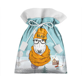 Подарочный 3D мешок с принтом Бультерьер в Екатеринбурге, 100% полиэстер | Размер: 29*39 см | Тематика изображения на принте: slay | белая собака | бультерьер | пес | псина | собака | собака в шапке | собачка