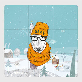 Магнитный плакат 3Х3 с принтом Бультерьер в Екатеринбурге, Полимерный материал с магнитным слоем | 9 деталей размером 9*9 см | slay | белая собака | бультерьер | пес | псина | собака | собака в шапке | собачка
