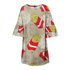 Детское платье 3D с принтом Фастфуд - Картошка фри в Екатеринбурге, 100% полиэстер | прямой силуэт, чуть расширенный к низу. Круглая горловина, на рукавах — воланы | еда | картофель | картошка | мак | макдональдс | паттерн | узор | фастфуд | фри
