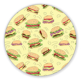 Коврик для мышки круглый с принтом Узор с бургерами в Екатеринбурге, резина и полиэстер | круглая форма, изображение наносится на всю лицевую часть | бургер | гамбургер | еда | желтый | паттерн | узор | фастфуд