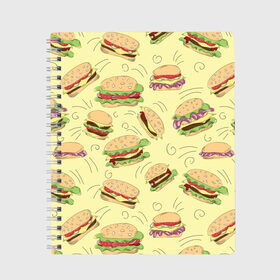 Тетрадь с принтом Узор с бургерами в Екатеринбурге, 100% бумага | 48 листов, плотность листов — 60 г/м2, плотность картонной обложки — 250 г/м2. Листы скреплены сбоку удобной пружинной спиралью. Уголки страниц и обложки скругленные. Цвет линий — светло-серый
 | Тематика изображения на принте: бургер | гамбургер | еда | желтый | паттерн | узор | фастфуд