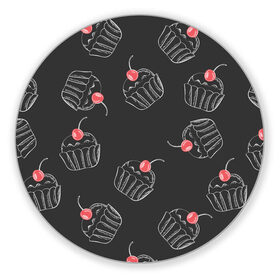 Коврик для мышки круглый с принтом Капкейки с вишенкой в Екатеринбурге, резина и полиэстер | круглая форма, изображение наносится на всю лицевую часть | белый | вишенка | вкусняшка | еда | капкейк | мел | паттерн | пирожок | сладости | узор | черный