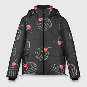 Мужская зимняя куртка 3D с принтом Капкейки с вишенкой в Екатеринбурге, верх — 100% полиэстер; подкладка — 100% полиэстер; утеплитель — 100% полиэстер | длина ниже бедра, свободный силуэт Оверсайз. Есть воротник-стойка, отстегивающийся капюшон и ветрозащитная планка. 

Боковые карманы с листочкой на кнопках и внутренний карман на молнии. | Тематика изображения на принте: белый | вишенка | вкусняшка | еда | капкейк | мел | паттерн | пирожок | сладости | узор | черный