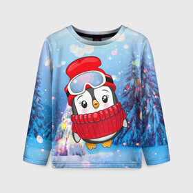 Детский лонгслив 3D с принтом Милый пингвин в свитере в Екатеринбурге, 100% полиэстер | длинные рукава, круглый вырез горловины, полуприлегающий силуэт
 | Тематика изображения на принте: 2021 | 7 января | bull | newyear | santa | бык | быки | бычок | год быка | дед мороз | корова | новогодние каникулы | новогодние праздники | новый 2021 | новый год | новый год 2021 | рождество | сани | санта | санта клаус
