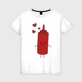 Женская футболка хлопок с принтом кетчуп в Екатеринбурге, 100% хлопок | прямой крой, круглый вырез горловины, длина до линии бедер, слегка спущенное плечо | влюбленных | горчица | день святого валентина | для двоих | для пар | еда | кетчуп | милый | парные | подарок