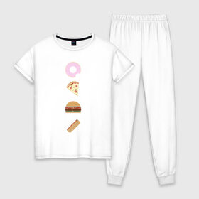 Женская пижама хлопок с принтом Fast Food в Екатеринбурге, 100% хлопок | брюки и футболка прямого кроя, без карманов, на брюках мягкая резинка на поясе и по низу штанин | doodle | бургер | вкусно | донат | еда | мило | нямка | пицца | сосиска | фастфуд | хотдог