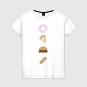 Женская футболка хлопок с принтом Fast Food в Екатеринбурге, 100% хлопок | прямой крой, круглый вырез горловины, длина до линии бедер, слегка спущенное плечо | doodle | бургер | вкусно | донат | еда | мило | нямка | пицца | сосиска | фастфуд | хотдог