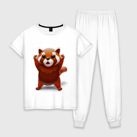 Женская пижама хлопок с принтом Красная панда в Екатеринбурге, 100% хлопок | брюки и футболка прямого кроя, без карманов, на брюках мягкая резинка на поясе и по низу штанин | big eyes | cute | red panda | большие глаза | красная панда | милаха