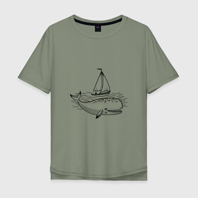 Мужская футболка хлопок Oversize с принтом Кит в Екатеринбурге, 100% хлопок | свободный крой, круглый ворот, “спинка” длиннее передней части | Тематика изображения на принте: кит | лодка | море | морские жители | океан | яхта