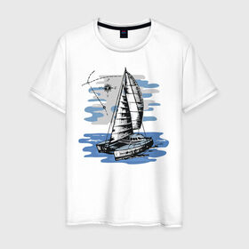Мужская футболка хлопок с принтом Яхта в Екатеринбурге, 100% хлопок | прямой крой, круглый вырез горловины, длина до линии бедер, слегка спущенное плечо. | Тематика изображения на принте: лодка | море | океан | путешествия | яхта