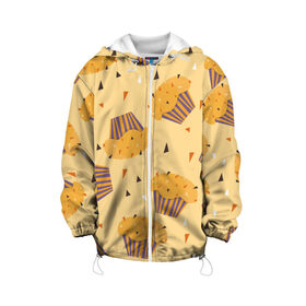Детская куртка 3D с принтом Капкейки на желтом фоне в Екатеринбурге, 100% полиэстер | застежка — молния, подол и капюшон оформлены резинкой с фиксаторами, по бокам — два кармана без застежек, один потайной карман на груди, плотность верхнего слоя — 90 г/м2; плотность флисового подклада — 260 г/м2 | еда | желтый | капкейки | кондитер | оранжевый | паттерн | пирожное | повар | сладости | узор | хеллоуин