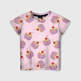 Детская футболка 3D с принтом Капкейки на розовом в Екатеринбурге, 100% гипоаллергенный полиэфир | прямой крой, круглый вырез горловины, длина до линии бедер, чуть спущенное плечо, ткань немного тянется | Тематика изображения на принте: вишенка | еда | капкейки | пирожное | розовый | сладкое | сладости