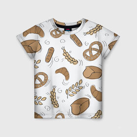 Детская футболка 3D с принтом Узор Пекарня в Екатеринбурге, 100% гипоаллергенный полиэфир | прямой крой, круглый вырез горловины, длина до линии бедер, чуть спущенное плечо, ткань немного тянется | Тематика изображения на принте: булки | коричневый | крендель | пекарня | повар | узор | хлеб