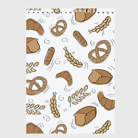 Скетчбук с принтом Узор Пекарня в Екатеринбурге, 100% бумага
 | 48 листов, плотность листов — 100 г/м2, плотность картонной обложки — 250 г/м2. Листы скреплены сверху удобной пружинной спиралью | булки | коричневый | крендель | пекарня | повар | узор | хлеб