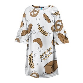 Детское платье 3D с принтом Узор Пекарня в Екатеринбурге, 100% полиэстер | прямой силуэт, чуть расширенный к низу. Круглая горловина, на рукавах — воланы | Тематика изображения на принте: булки | коричневый | крендель | пекарня | повар | узор | хлеб