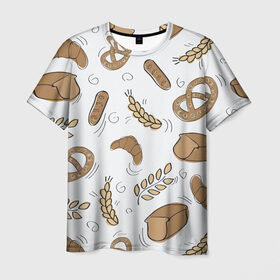 Мужская футболка 3D с принтом Узор Пекарня в Екатеринбурге, 100% полиэфир | прямой крой, круглый вырез горловины, длина до линии бедер | Тематика изображения на принте: булки | коричневый | крендель | пекарня | повар | узор | хлеб