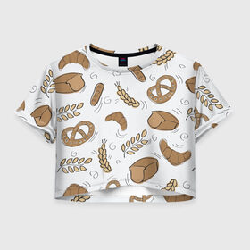 Женская футболка Crop-top 3D с принтом Узор Пекарня в Екатеринбурге, 100% полиэстер | круглая горловина, длина футболки до линии талии, рукава с отворотами | булки | коричневый | крендель | пекарня | повар | узор | хлеб