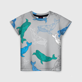 Детская футболка 3D с принтом Узор с китами на сером в Екатеринбурге, 100% гипоаллергенный полиэфир | прямой крой, круглый вырез горловины, длина до линии бедер, чуть спущенное плечо, ткань немного тянется | графика | кит | морской | рыба | серый | синий | узор