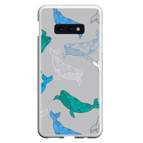 Чехол для Samsung S10E с принтом Узор с китами на сером в Екатеринбурге, Силикон | Область печати: задняя сторона чехла, без боковых панелей | Тематика изображения на принте: графика | кит | морской | рыба | серый | синий | узор