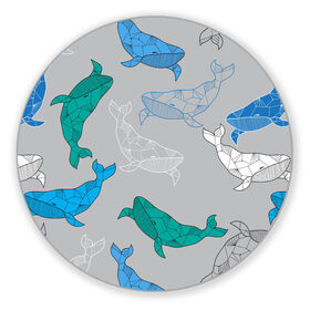 Коврик для мышки круглый с принтом Узор с китами на сером в Екатеринбурге, резина и полиэстер | круглая форма, изображение наносится на всю лицевую часть | графика | кит | морской | рыба | серый | синий | узор
