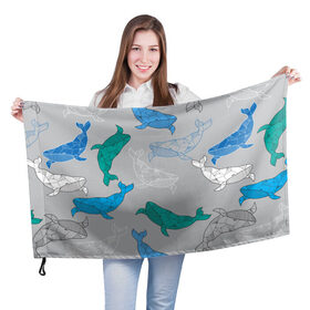 Флаг 3D с принтом Узор с китами на сером в Екатеринбурге, 100% полиэстер | плотность ткани — 95 г/м2, размер — 67 х 109 см. Принт наносится с одной стороны | графика | кит | морской | рыба | серый | синий | узор