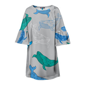 Детское платье 3D с принтом Узор с китами на сером в Екатеринбурге, 100% полиэстер | прямой силуэт, чуть расширенный к низу. Круглая горловина, на рукавах — воланы | графика | кит | морской | рыба | серый | синий | узор