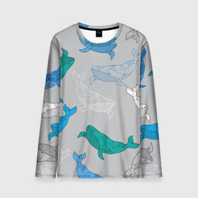 Мужской лонгслив 3D с принтом Узор с китами на сером в Екатеринбурге, 100% полиэстер | длинные рукава, круглый вырез горловины, полуприлегающий силуэт | Тематика изображения на принте: графика | кит | морской | рыба | серый | синий | узор
