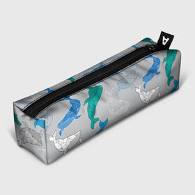 Пенал 3D с принтом Узор с китами на сером в Екатеринбурге, 100% полиэстер | плотная ткань, застежка на молнии | графика | кит | морской | рыба | серый | синий | узор