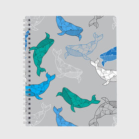 Тетрадь с принтом Узор с китами на сером в Екатеринбурге, 100% бумага | 48 листов, плотность листов — 60 г/м2, плотность картонной обложки — 250 г/м2. Листы скреплены сбоку удобной пружинной спиралью. Уголки страниц и обложки скругленные. Цвет линий — светло-серый
 | Тематика изображения на принте: графика | кит | морской | рыба | серый | синий | узор