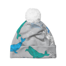 Шапка 3D c помпоном с принтом Узор с китами на сером в Екатеринбурге, 100% полиэстер | универсальный размер, печать по всей поверхности изделия | Тематика изображения на принте: графика | кит | морской | рыба | серый | синий | узор