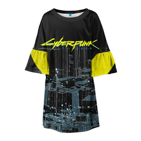 Детское платье 3D с принтом Город CYBERPUNK 2077 в Екатеринбурге, 100% полиэстер | прямой силуэт, чуть расширенный к низу. Круглая горловина, на рукавах — воланы | 2077 | cyberpunk | cyberpunk 2077 | город | игра | киберпанк | панк