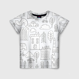 Детская футболка 3D с принтом Нарисованный город в Екатеринбурге, 100% гипоаллергенный полиэфир | прямой крой, круглый вырез горловины, длина до линии бедер, чуть спущенное плечо, ткань немного тянется | белый | город | городской | дудлинг | нарисованный | серый | узор