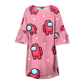 Детское платье 3D с принтом Among Us - Розовый цвет в Екатеринбурге, 100% полиэстер | прямой силуэт, чуть расширенный к низу. Круглая горловина, на рукавах — воланы | among us | girl | pink | амонг | девочка | детский | игра | мультяшный | паттерн | розовый | узор | эмонг ас