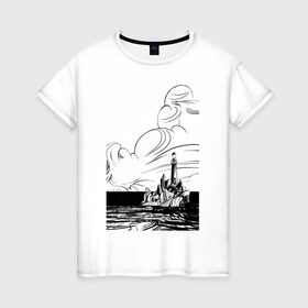 Женская футболка хлопок с принтом Муми-тролль в Екатеринбурге, 100% хлопок | прямой крой, круглый вырез горловины, длина до линии бедер, слегка спущенное плечо | маяк | море | муми тролль | скалы