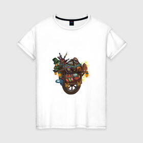 Женская футболка хлопок с принтом Торговец в Екатеринбурге, 100% хлопок | прямой крой, круглый вырез горловины, длина до линии бедер, слегка спущенное плечо | леприкон | тележка | товары | торговец