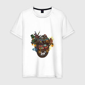 Мужская футболка хлопок с принтом Торговец в Екатеринбурге, 100% хлопок | прямой крой, круглый вырез горловины, длина до линии бедер, слегка спущенное плечо. | леприкон | тележка | товары | торговец