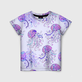Детская футболка 3D с принтом Узор Медуза в Екатеринбурге, 100% гипоаллергенный полиэфир | прямой крой, круглый вырез горловины, длина до линии бедер, чуть спущенное плечо, ткань немного тянется | завитушки | медуза | море | морской | паттерн | розовый | узор | фиолетовый