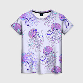 Женская футболка 3D с принтом Узор Медуза в Екатеринбурге, 100% полиэфир ( синтетическое хлопкоподобное полотно) | прямой крой, круглый вырез горловины, длина до линии бедер | завитушки | медуза | море | морской | паттерн | розовый | узор | фиолетовый