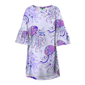 Детское платье 3D с принтом Узор Медуза в Екатеринбурге, 100% полиэстер | прямой силуэт, чуть расширенный к низу. Круглая горловина, на рукавах — воланы | Тематика изображения на принте: завитушки | медуза | море | морской | паттерн | розовый | узор | фиолетовый