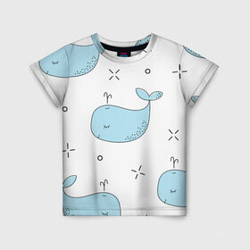 Детская футболка 3D с принтом Маленькие киты в Екатеринбурге, 100% гипоаллергенный полиэфир | прямой крой, круглый вырез горловины, длина до линии бедер, чуть спущенное плечо, ткань немного тянется | детский | кит | маленький | море | морской | прикольный | рисунок | рыбы | скетч