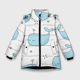 Зимняя куртка для девочек 3D с принтом Маленькие киты в Екатеринбурге, ткань верха — 100% полиэстер; подклад — 100% полиэстер, утеплитель — 100% полиэстер. | длина ниже бедра, удлиненная спинка, воротник стойка и отстегивающийся капюшон. Есть боковые карманы с листочкой на кнопках, утяжки по низу изделия и внутренний карман на молнии. 

Предусмотрены светоотражающий принт на спинке, радужный светоотражающий элемент на пуллере молнии и на резинке для утяжки. | детский | кит | маленький | море | морской | прикольный | рисунок | рыбы | скетч