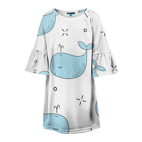 Детское платье 3D с принтом Маленькие киты в Екатеринбурге, 100% полиэстер | прямой силуэт, чуть расширенный к низу. Круглая горловина, на рукавах — воланы | Тематика изображения на принте: детский | кит | маленький | море | морской | прикольный | рисунок | рыбы | скетч