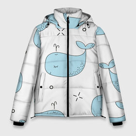 Мужская зимняя куртка 3D с принтом Маленькие киты в Екатеринбурге, верх — 100% полиэстер; подкладка — 100% полиэстер; утеплитель — 100% полиэстер | длина ниже бедра, свободный силуэт Оверсайз. Есть воротник-стойка, отстегивающийся капюшон и ветрозащитная планка. 

Боковые карманы с листочкой на кнопках и внутренний карман на молнии. | Тематика изображения на принте: детский | кит | маленький | море | морской | прикольный | рисунок | рыбы | скетч
